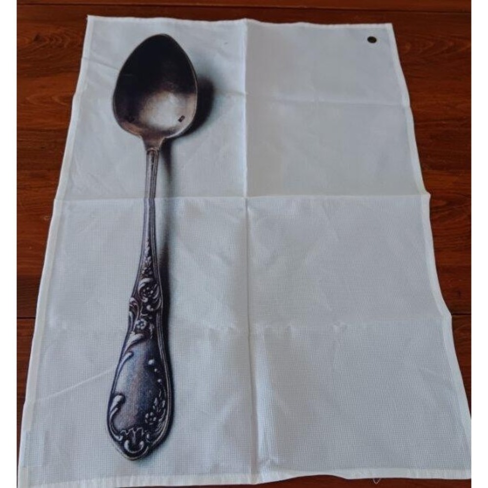 Vintage French Kitchen Dish Towel Printed Silver Spoon France White Cotton Rivet